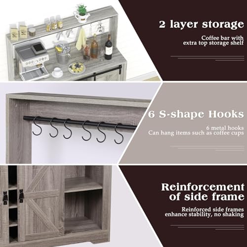 Coffee Bar Cabinet with Storage, Farmhouse Buffet Sideboard, Grey P7089