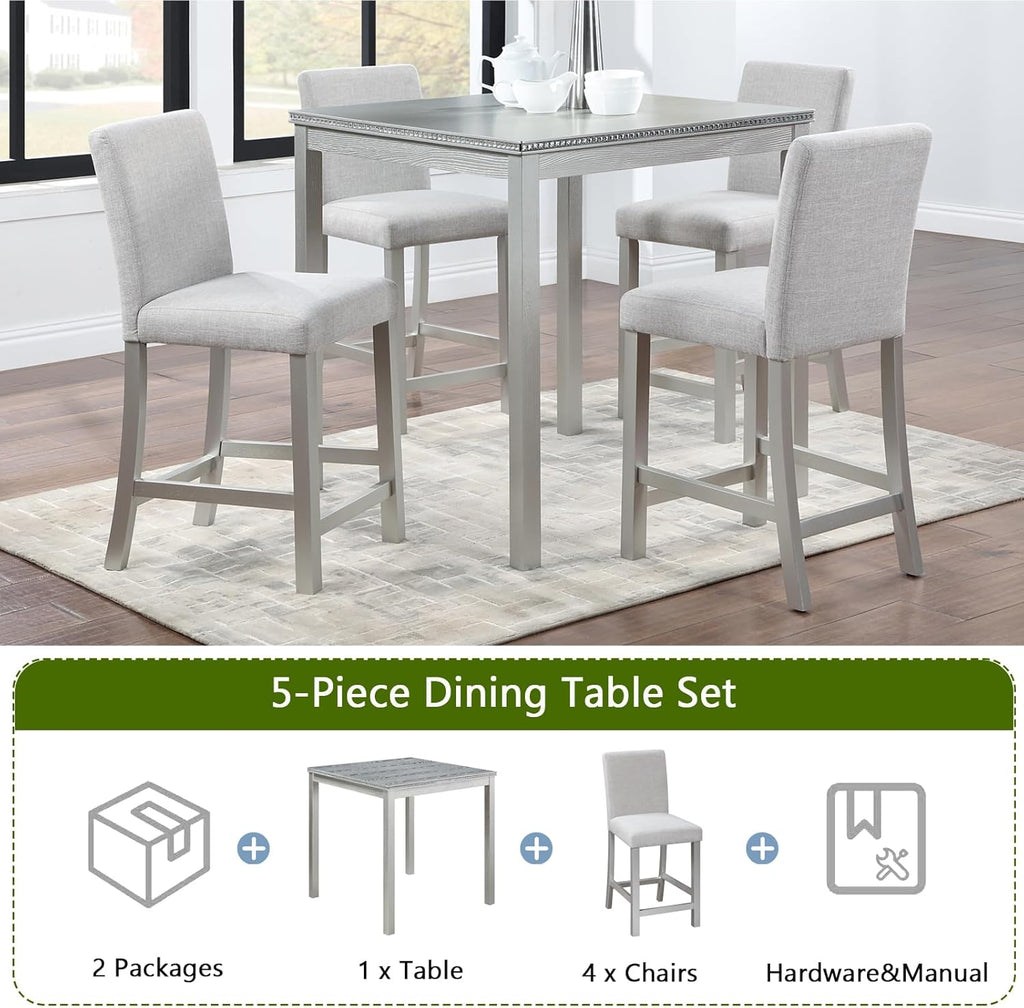 Acacia Wood Counter Height Dining Table Set with 4 Upholstered Chairs, Grey H9064