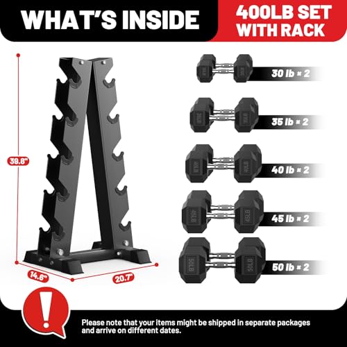 PAPABABE Hex Dumbbell Set with Rack, Rubber Coated, 60-550lb Z952579