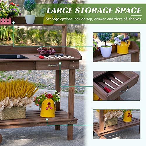 Outsunny 36" Wooden Potting Bench Work Table with Sink and Storage, Brown O683
