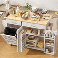 51.8" Kitchen Island Cart with Trash Can Storage, Kitchen Island on Wheels with Power Outlet & Drop Leaf, Rolling Kitchen Cart with Towel Rack & Spice Rack, Mobile Islands Table for Kitchen