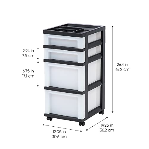 IRIS USA 4-Drawer Plastic Rolling Storage Cart with Wheels, Black/Pearl E270856