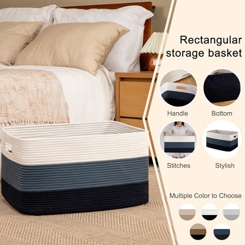 OIAHOMY Large Rectangle Woven Blanket Basket with Handle, Gradient Blue B58762