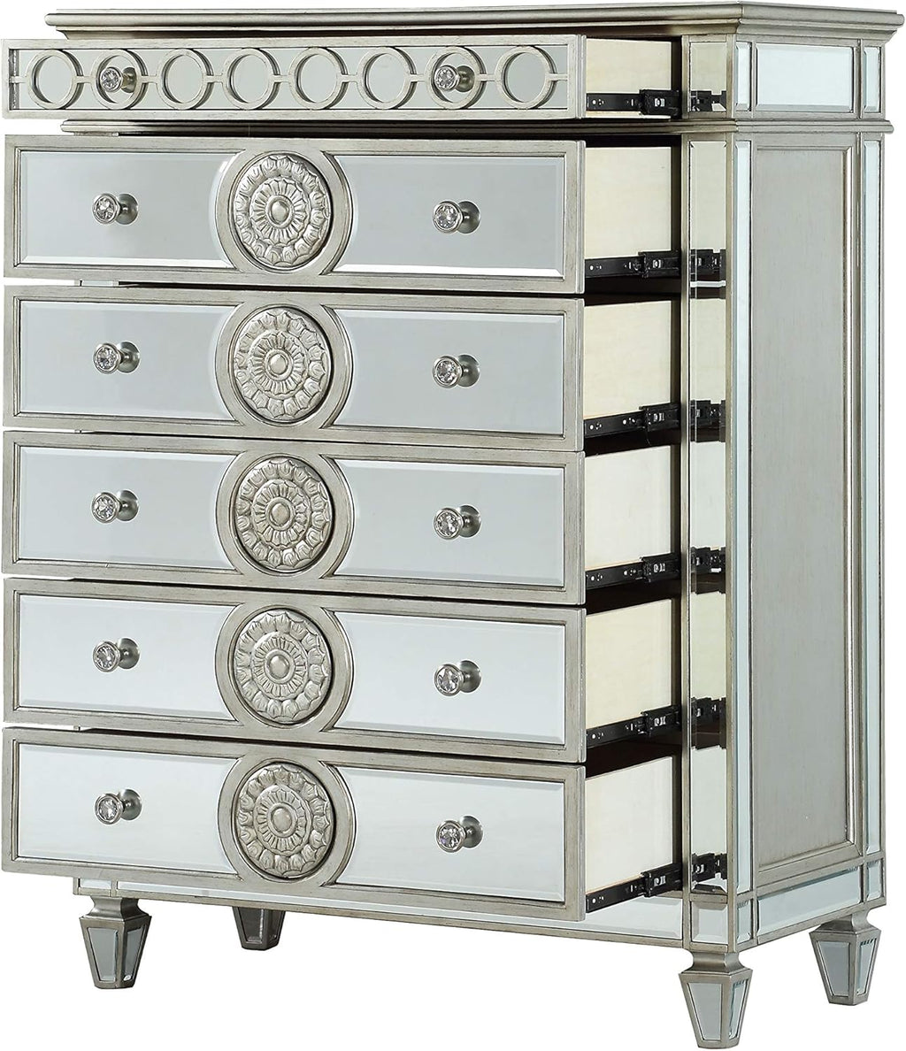 Mirrored Dresser - Silver Dresser with 5 Storage Drawers and Pull-Out Tray, Glam Dresser with Raised Geometric Trim & Sunburst Motifs and Mirror Finish, 5 Drawer Chest for Bedroom