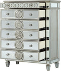 Mirrored Dresser - Silver Dresser with 5 Storage Drawers and Pull-Out Tray, Glam Dresser with Raised Geometric Trim & Sunburst Motifs and Mirror Finish, 5 Drawer Chest for Bedroom