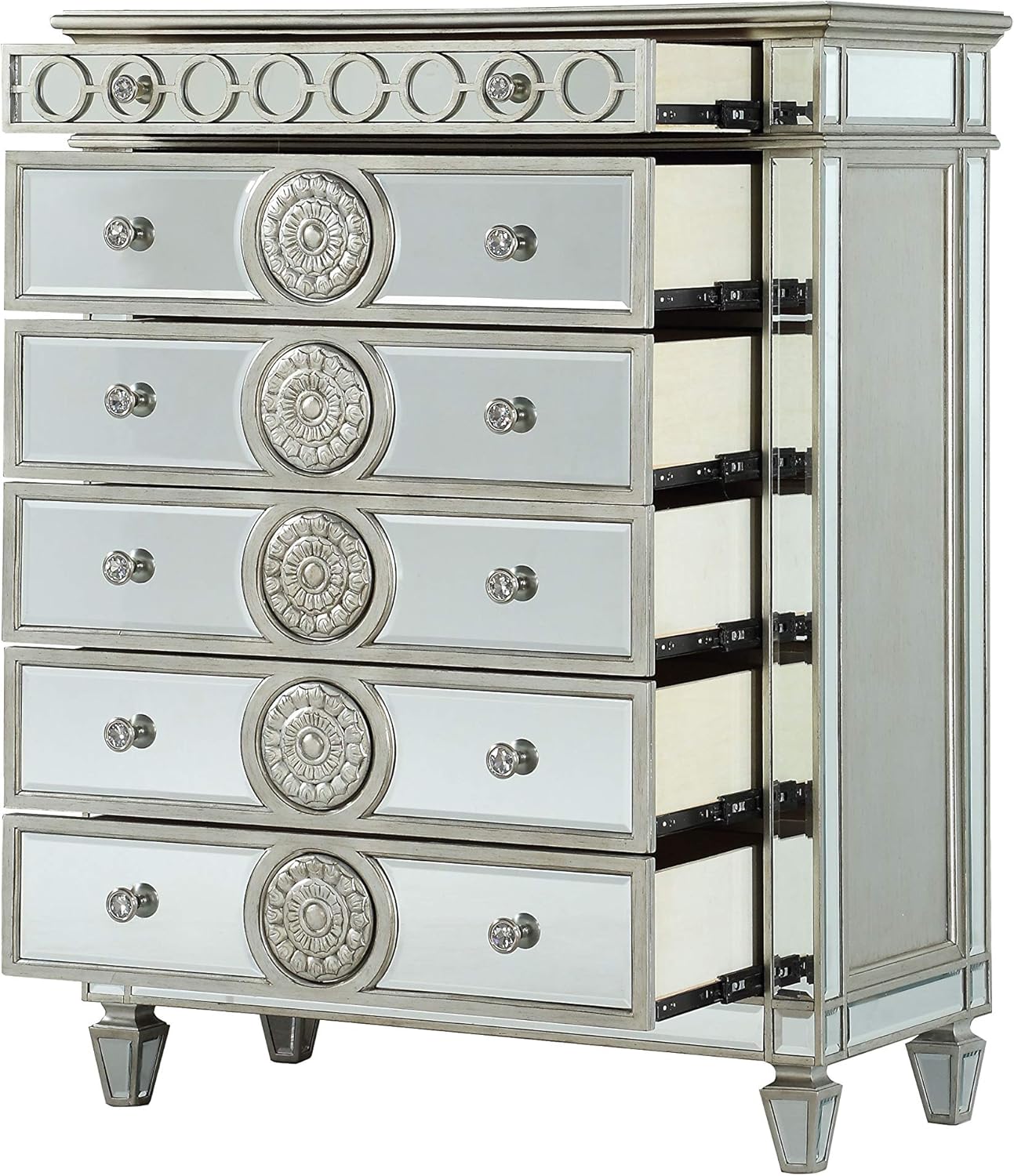 Mirrored Dresser - Silver Dresser with 5 Storage Drawers and Pull-Out Tray, Glam Dresser with Raised Geometric Trim & Sunburst Motifs and Mirror Finish, 5 Drawer Chest for Bedroom