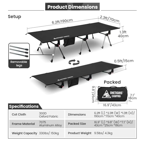 OneTigris SUPRANUBIS Camping Cot, Height Adjustable, Portable Folding Bed R56991