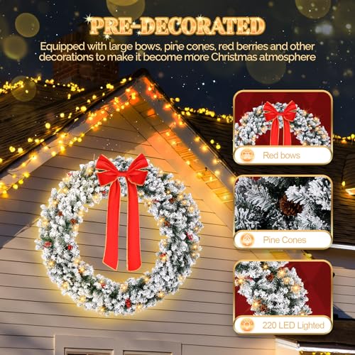 VINGLI 48 Inch Pre-lit Artificial Christmas Wreath with 150 LED Lights T885