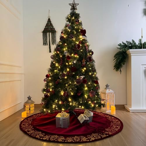 Burgundy Victorian Velvet Christmas Tree Skirt with Gold Damask Embroidery Q6345