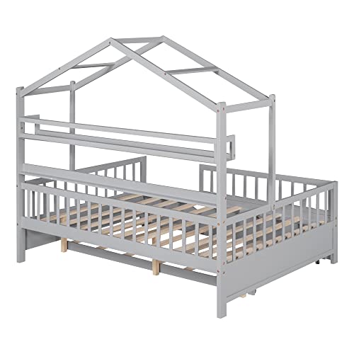 Full Size House Bed with Storage Shelf, Wooden Frame with Guardrail R174