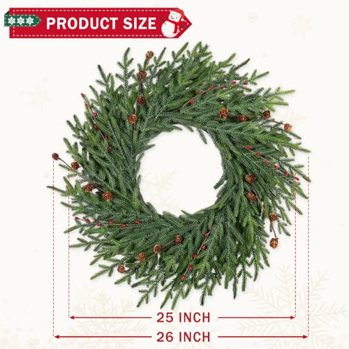 26 Inch Christmas Wreath with Red Berry Artificial Pine Cedar Front Door Decor D349135