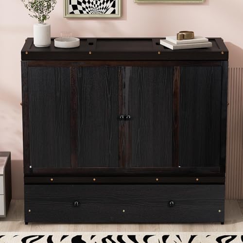 Harper & Bright Designs Queen Murphy Bed Cabinet, Solid Pine, Espresso W128