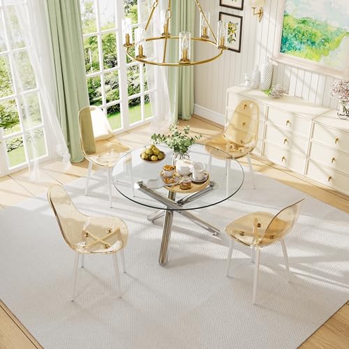 Round Glass Dining Table Set for 4 with Clear Acrylic Chairs N7123