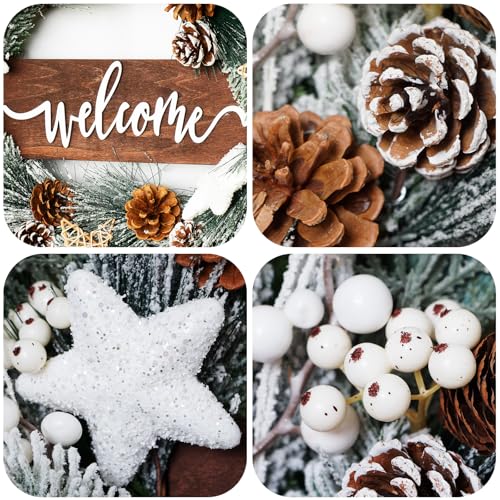 Pinkpuii 24 Inch Artificial Christmas Wreath with Pinecones and Welcome Sign for Front Door H758994