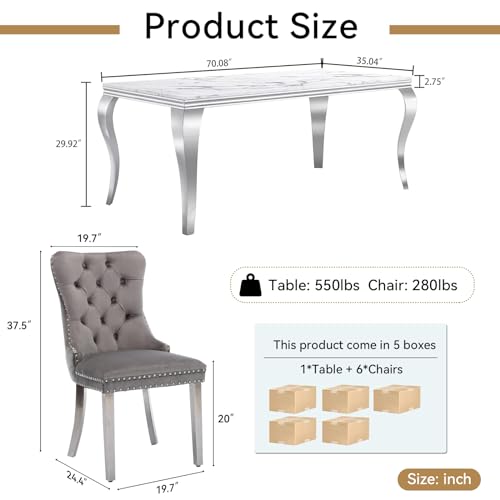 White Marble Dining Table Set for 6 with Grey Velvet Chairs K4531