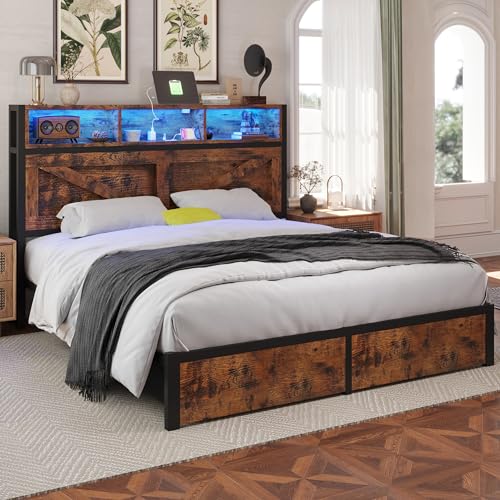 Farmhouse Full Size Bed Frame with Storage Headboard and Charging Station J722