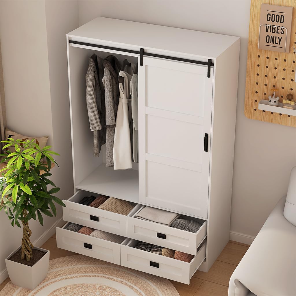 Solid Wood Armoire Wardrobe with Sliding Barn Door, 4 Drawers and Hanging Rod O1248