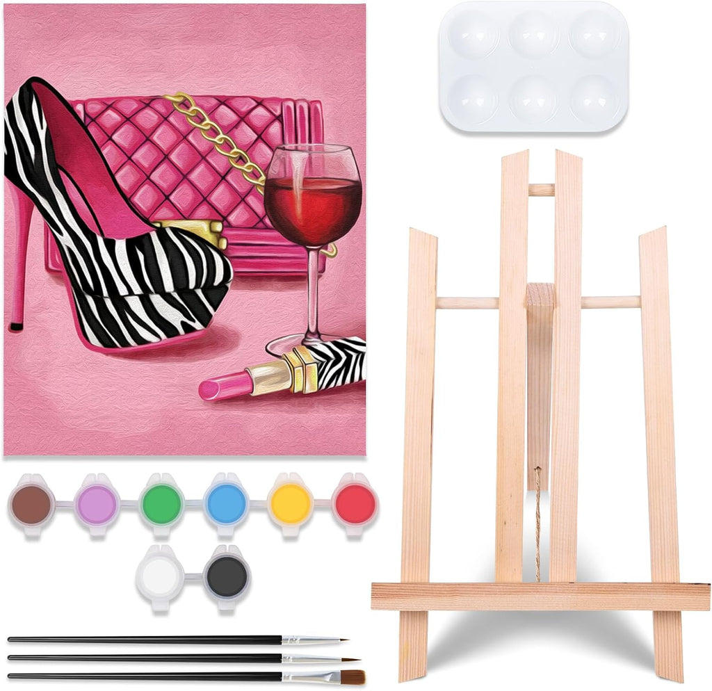 VOCHIC Paint and Sip Kit, Pre Drawn Canvas Painting Party Kit Supplies for Adults with Picture to Paint 1 Easel, 8 Acrylic Colors,3 Brush,1 Pallet Girl High Heel Glass Bag Lipstick Art Set(8x10)