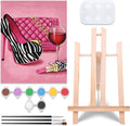 VOCHIC Paint and Sip Kit, Pre Drawn Canvas Painting Party Kit Supplies for Adults with Picture to Paint 1 Easel, 8 Acrylic Colors,3 Brush,1 Pallet Girl High Heel Glass Bag Lipstick Art Set(8x10)