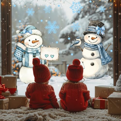 Whaline Extra Large Christmas Window Clings Blue Snowman Snowflake Stickers for Winter Home Decor E40757