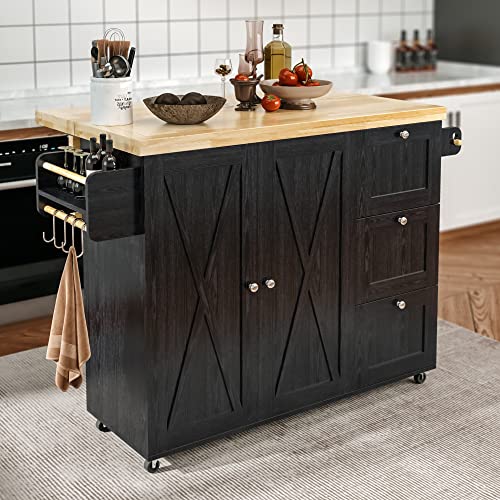 IRONCK Rolling Kitchen Island Cart with Drop-Leaf Countertop, Barn Door Style, Black G666768