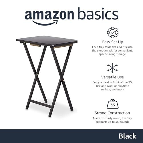 Amazon Basics Portable TV Dinner 4-Pack Folding Tray Table with Storage Rack, Black M404