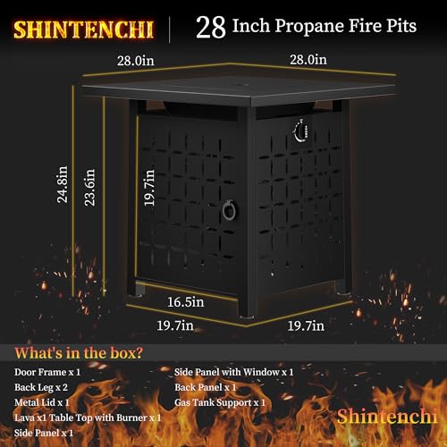 Shintenchi 28 Inch Propane Fire Pit Table with Lid and Lava Rock, Black L633