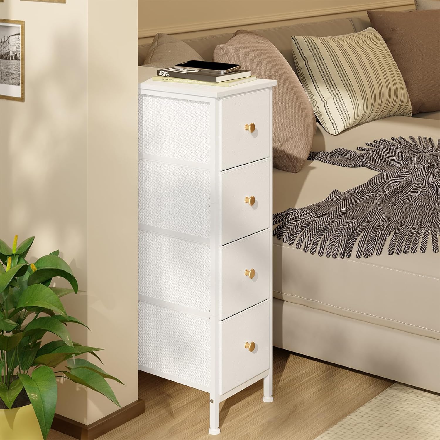 Fixwal Narrow Storage Cabinet with 4 Drawers, White, Steel Frame J10025