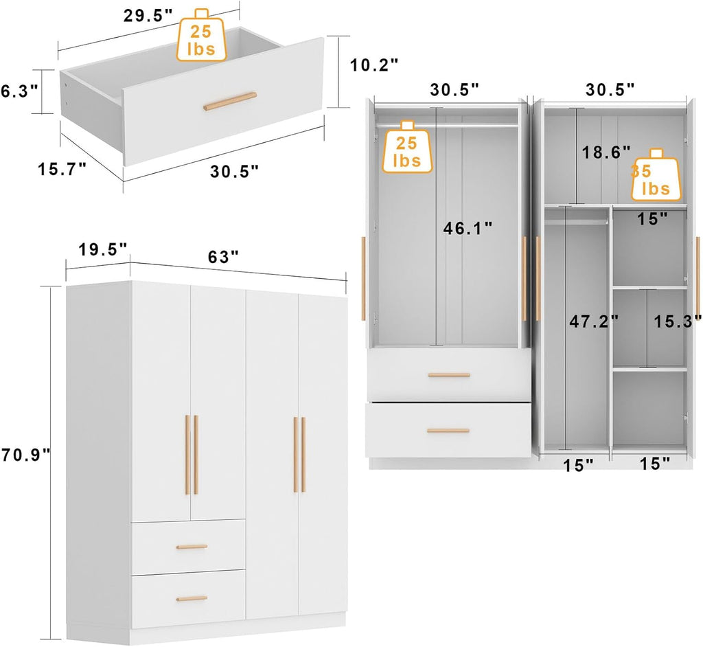 Tall Wooden Wardrobe Armoire 4-Door 2-Drawer White L364713