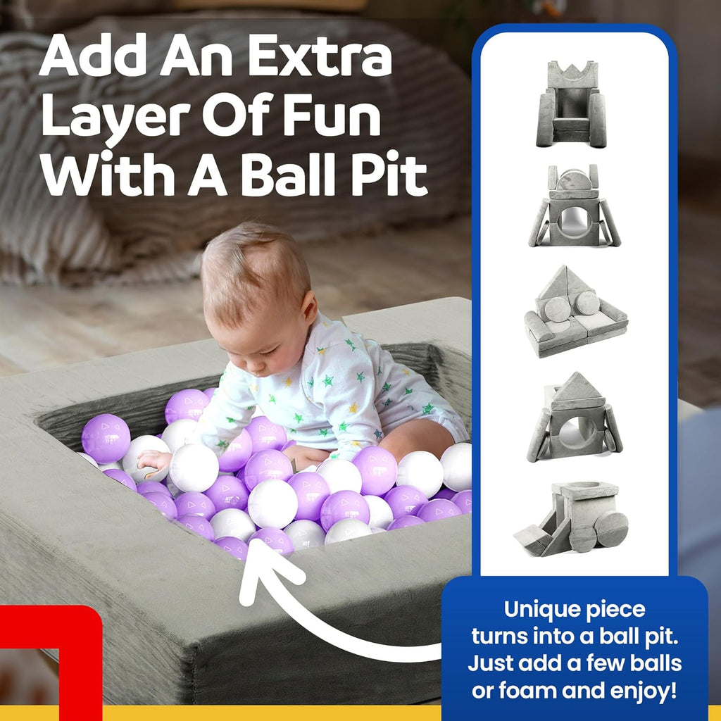 Modular Kids Play Couch 15 Pieces Buildable Plush Panels with Ball Pit Square W50300