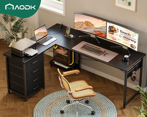 AODK L Shaped Gaming Desk with 4 Drawers, Power Outlets, Black P81263