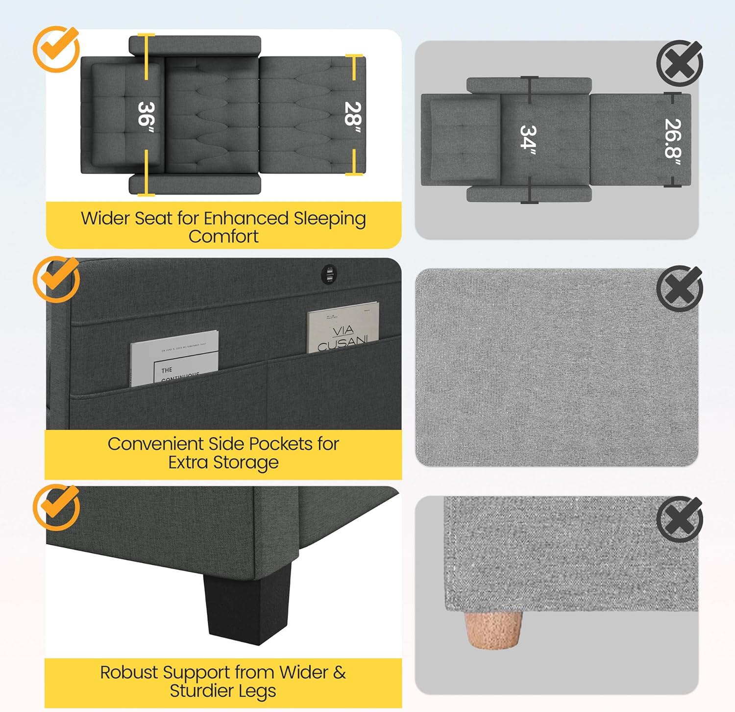 Yaheetech Convertible Chair Bed 3-in-1 Sleeper Sofa with USB Ports, Dark Gray D649285