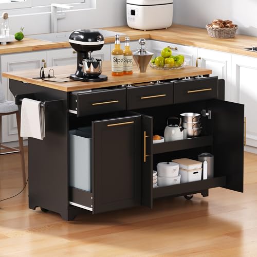 Merax 59.3" Kitchen Island with Storage, 2 Pull Out Cabinet Organizers & Rubber Wood Drop Leaf, Rolling Island Table with Trash Can Storage, Power Outlet, Spice & Towel Rack for Kitchen Dining, Black