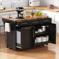 Merax 59.3" Kitchen Island with Storage, 2 Pull Out Cabinet Organizers & Rubber Wood Drop Leaf, Rolling Island Table with Trash Can Storage, Power Outlet, Spice & Towel Rack for Kitchen Dining, Black