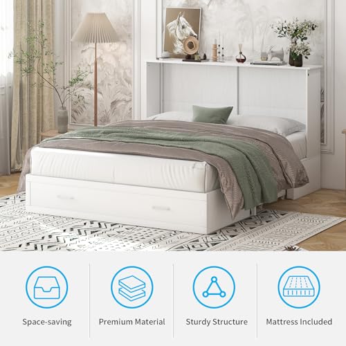 Mjkone Queen Murphy Bed with Tri-Fold Mattress, Charging Station and Storage Drawers, Cherry O58055