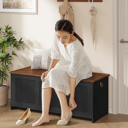 HOOBRO Storage Bench, 39.3" Retro Wooden Chest with Lift Top, White and Walnut C2921