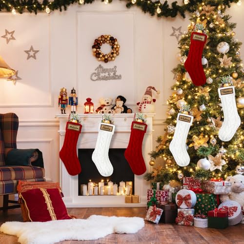 6 Pack Personalized Christmas Stockings 18in Knitted with Leather Patches Red and White F78226