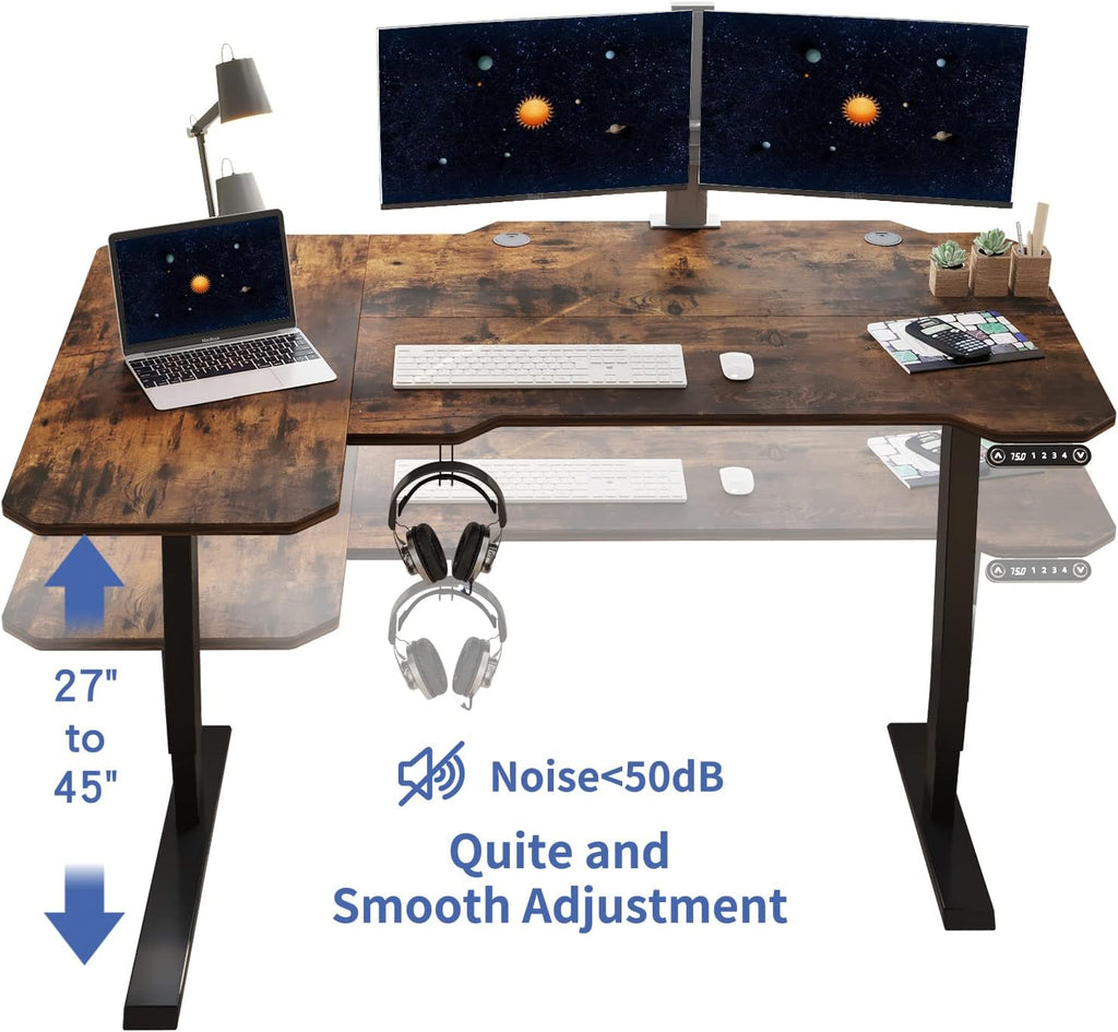 59" L-Shaped Electric Standing Desk with Rustic Brown Top X37455