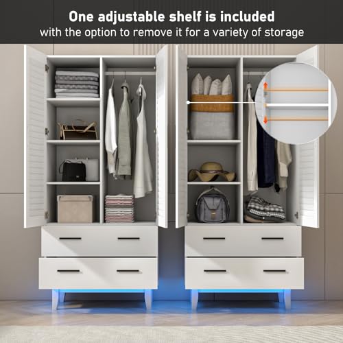 3 Door Armoire Wardrobe with Drawers and LED Lights, White S39322
