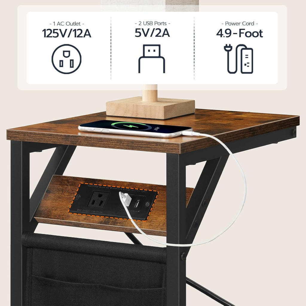 HOOBRO C-Shaped End Table with Charging Station, Metal Frame, Rustic Brown and Black M645406