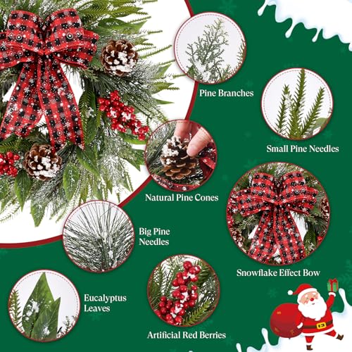 24 Inch Christmas Wreath with Red Bow for Front Door C225