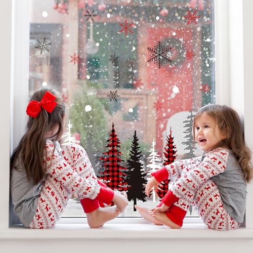 Whaline 9 Sheet Christmas Window Clings Snowy Forest Trees Reusable Window Decals H27510