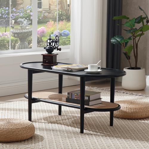 Rattan Wood Mid Century Modern Coffee Table, 39.5" Oval Center Table with Cane Wicker Storage Shelf for Living Room, Indoor, Home Décor (Walnut)