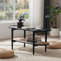 Rattan Wood Mid Century Modern Coffee Table, 39.5" Oval Center Table with Cane Wicker Storage Shelf for Living Room, Indoor, Home Décor (Walnut)