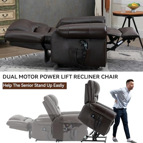 Dual Motor Power Lift Recliner Chair with Massage and Heat, Faux Leather, Brown V8458