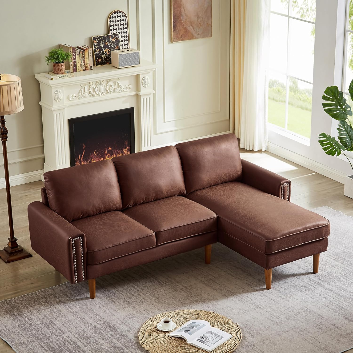 Mid Century Suede Leather Sofa with Right Chaise Lounge, 3 Seater L-Shaped Couch X618