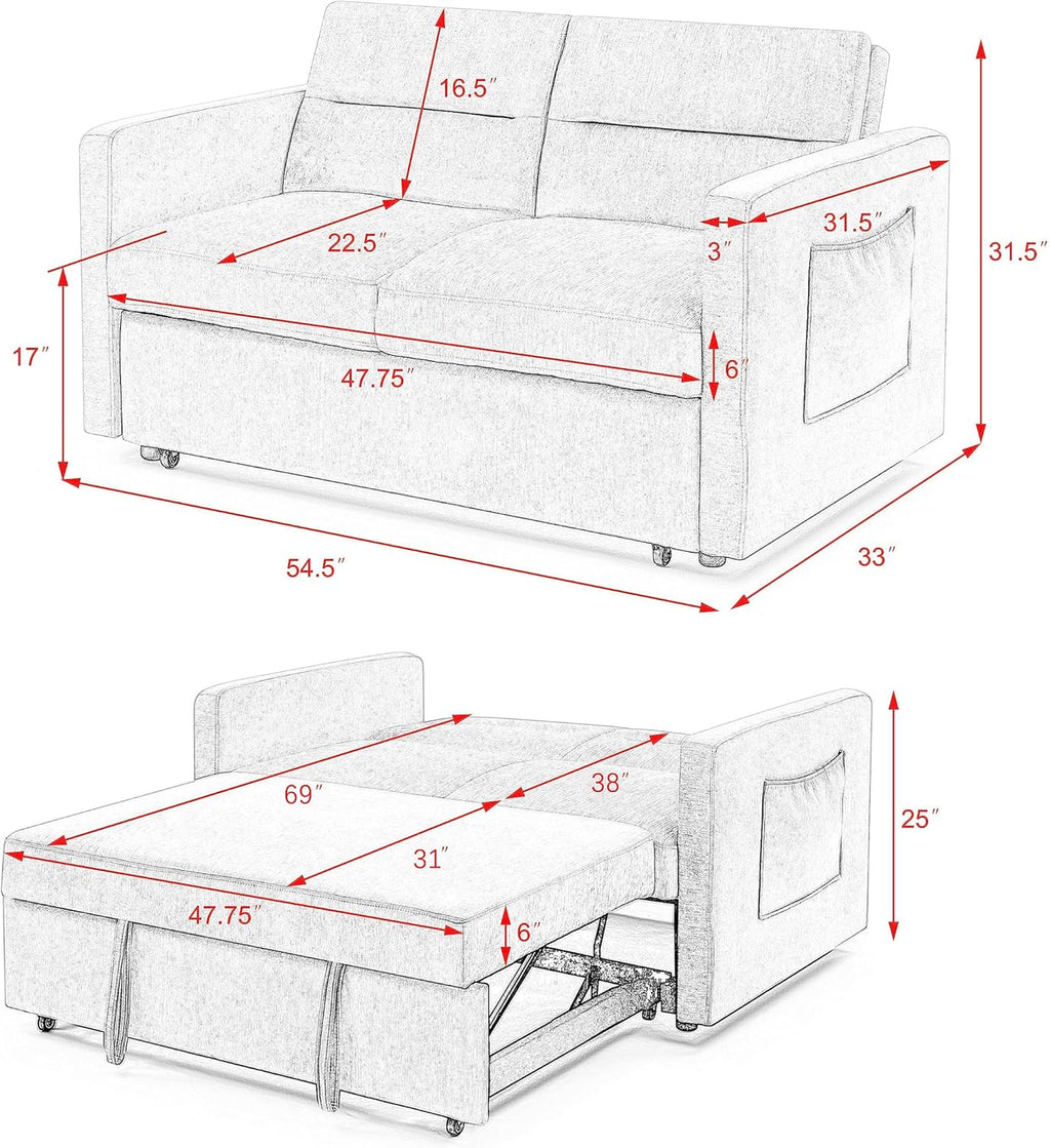 3-in-1 Convertible Sofa Bed with Adjustable Backrest, Blue 54.5" B650380