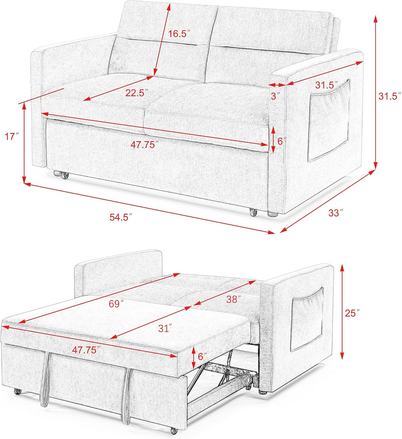 3-in-1 Convertible Sofa Bed with Adjustable Backrest, Blue 54.5" B650380