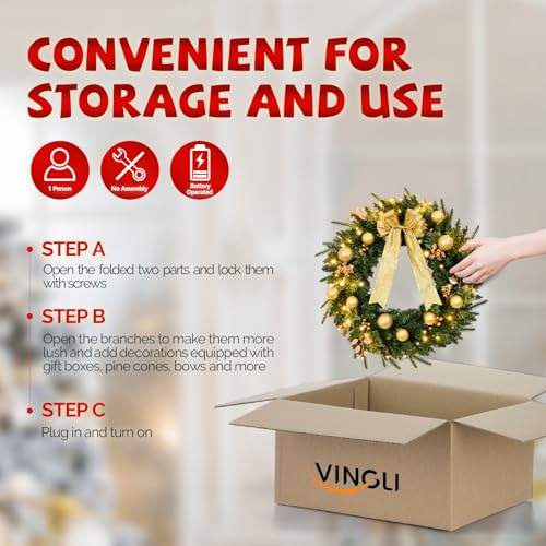 VINGLI 48 Inch Pre-lit Artificial Christmas Wreath with 150 LED Lights T885