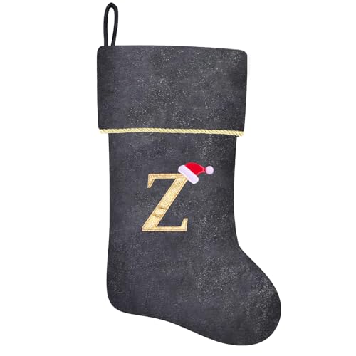 20 Inches Initial Monogram Blue Velvet Christmas Stocking with Gold Trim U394